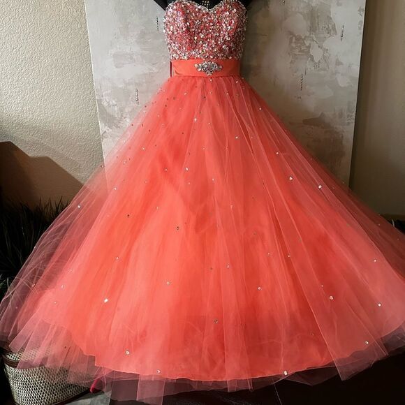 MORI LEE PAPARAZZI Ball Gown In Coral Pink Prom NWT - Picture 9 of 17